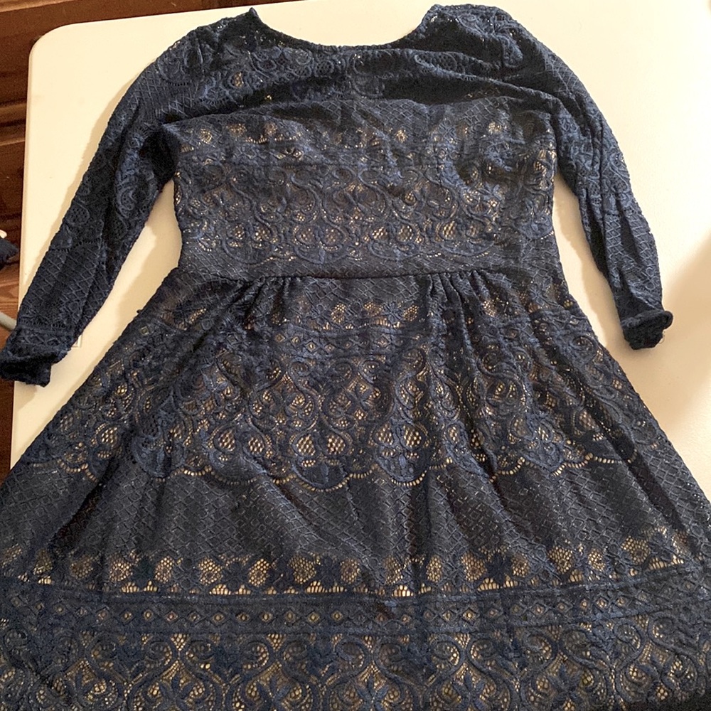 B. Darlin homecoming dress dark blue lace long sleeve dress with tan underneath